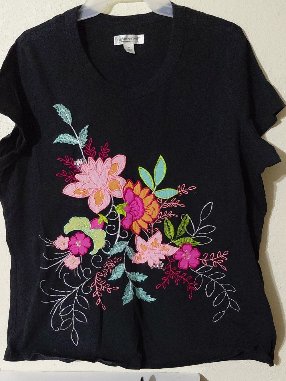 Coldwater Creek Black Short-Sleeve Tee with Bright Floral Embroidery